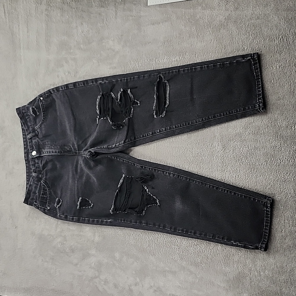 Shein Jeans Women's 10 High Rise Baggy Black Distressed Denim Ripped Thrashed